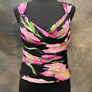 Carmen Marc Valvo Collection Vintage Silk Floral Ruched Beaded V Neck Top Size 8